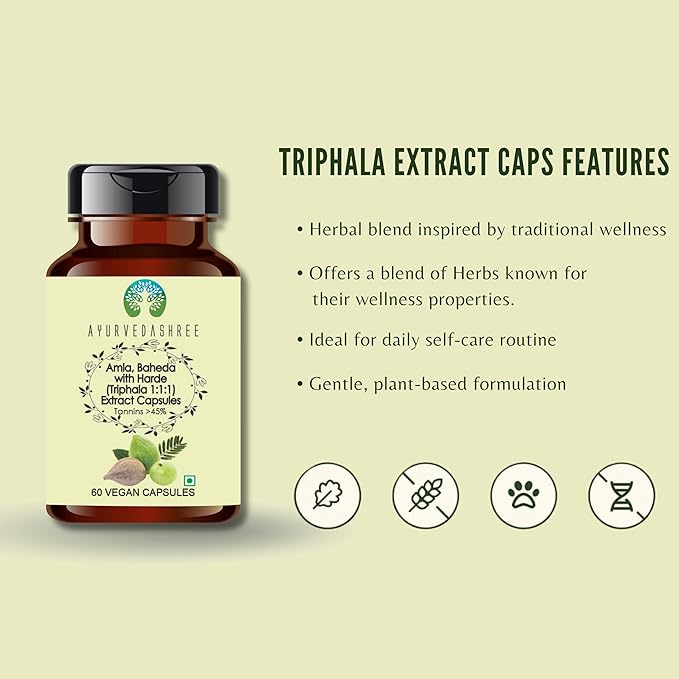Triphala Extract 500mg - 60 Vegetarian Capsules | Amla, Baheda & Harad Extract | | All Natural | 100% Vegan | Gluten-Free.