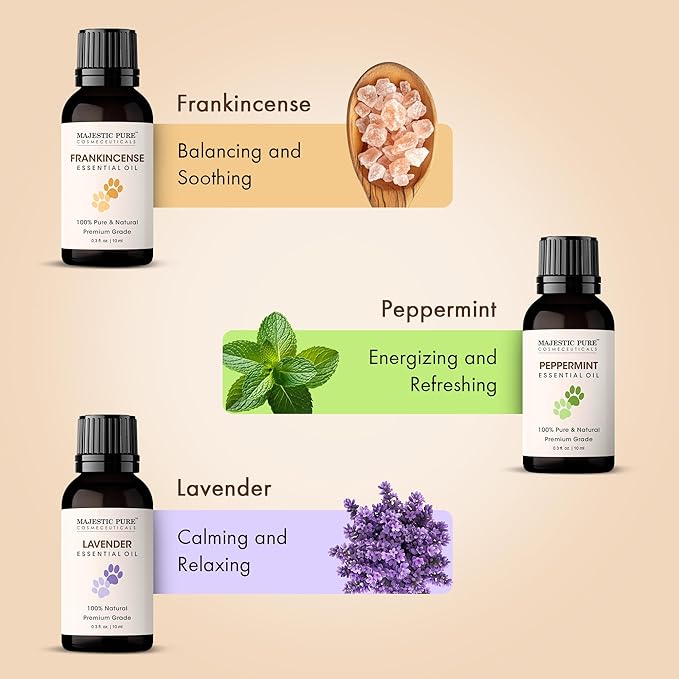 Majestic Pure, Lavender, Peppermint and Frankincense Pet Essential Oil Set | Pet Friendly and Provides Peaceful Atmosphere Used for Diffuser, Room Spray and Topical | Set of 3
