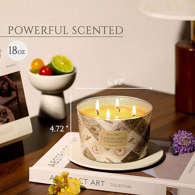 HomeLights Large jar Candle | 4-Wick Long-Lasting Scented Candles, 18oz Natural Soy Wax Candle for Home Scented, Rustic Modern Gifts for Women & Men, Candied Apple Cinnamon