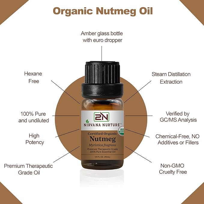 Nutmeg Essential Oil USDA Certified Organic, 100% Pure Natural Premium Grade, Undiluted