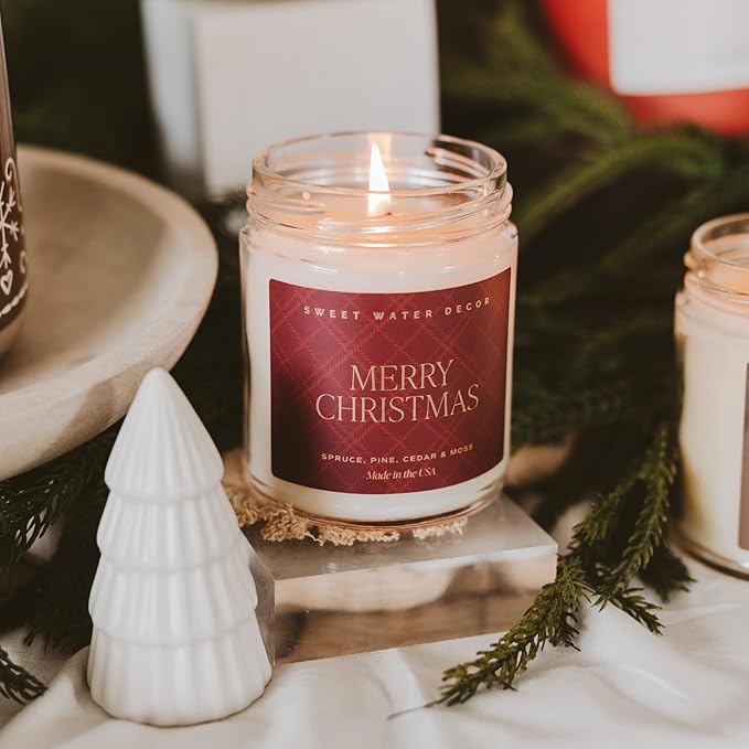 Sweet Water Decor Merry Christmas Scented Candles - Christmas Stocking Stuffers Soy Candles with Cypress & Lemon Scent - Christmas Candles with 40 Hours Burn Time - 9Oz Gold Lid Clear Jar Wax Candles
