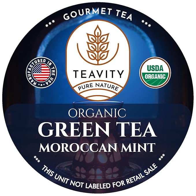 Organic Moroccan Mint Tea and Green Tea Pods for Keurig - Caffeinated Unsweet Tea for K Cup Brewing by Teavity (24 Tea Pods)