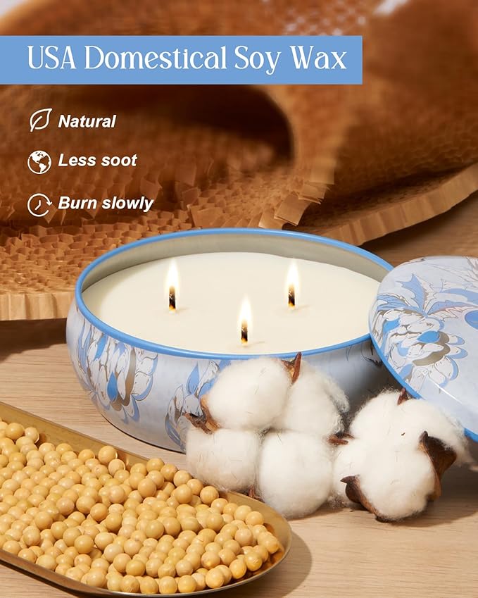 M&SENSE Clean Cotton Scented Candles, Large 3 Wick Soy Tin Candle, Over 40 Hour Burning Time, 100% Natural Vegan Wax, Relaxing Aromatherapy Aesthetic Candle Gift for Women and Men