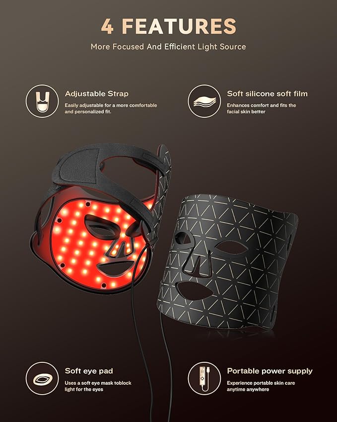 LED Light Therapy Mask Skin Care Mask, LED Red 630±5nm & NIR 830nm Wavelength for Home Use (Grid gold)