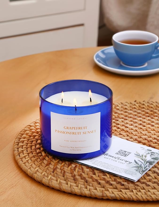 Grapefruit Passionfruit Sunset 3-Wick Scented Soy Candle, 15.8 oz | Large Tropical Citrus Candle for Home | Strong Aromatherapy Stress Relief Candles | Gift for Women & Men | Long-Lasting Clean Burn