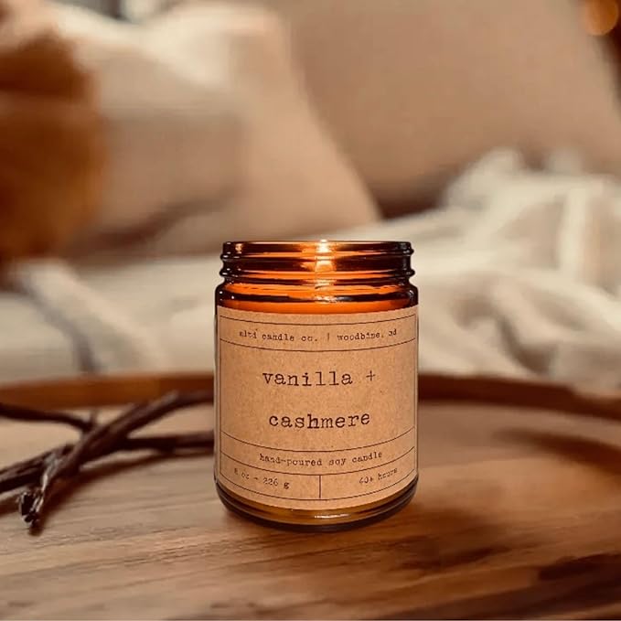 Vanilla + Cashmere Soy Candle | Vanilla, Sandalwood, Musk, Cashmere Scented | 8 oz. | 40 Hour Burn Time | Non-Toxic, Phthalate-Free, Dye-Free | Hand-Poured | Amber Jar | Cotton Wick | Made in The USA