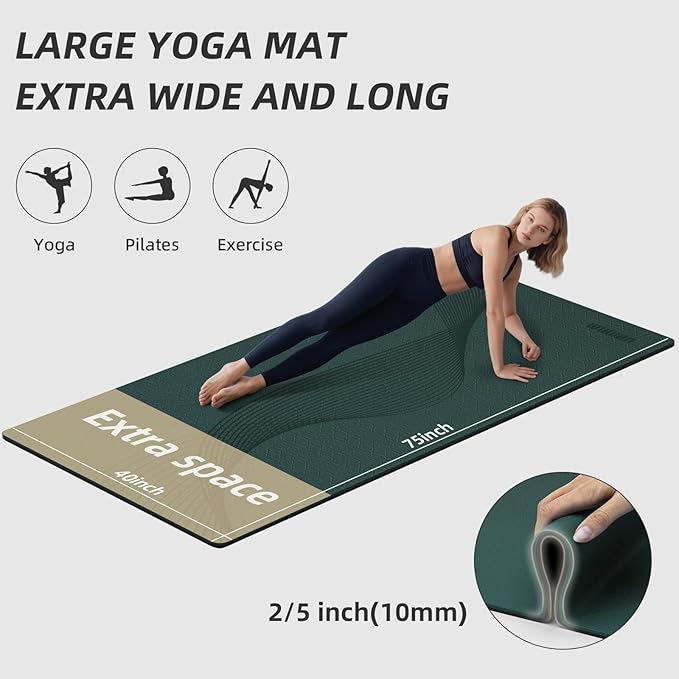 WUWAN Large Yoga Mat 76"x 40"x10mm (2/5 inch) – Extra Thick & Wide, TPE Fitness Mat, Printed Non-Slip Exercise Mat with Carrying Strap for Men & Women, Pilates, Stretching, Fitness & Workout
