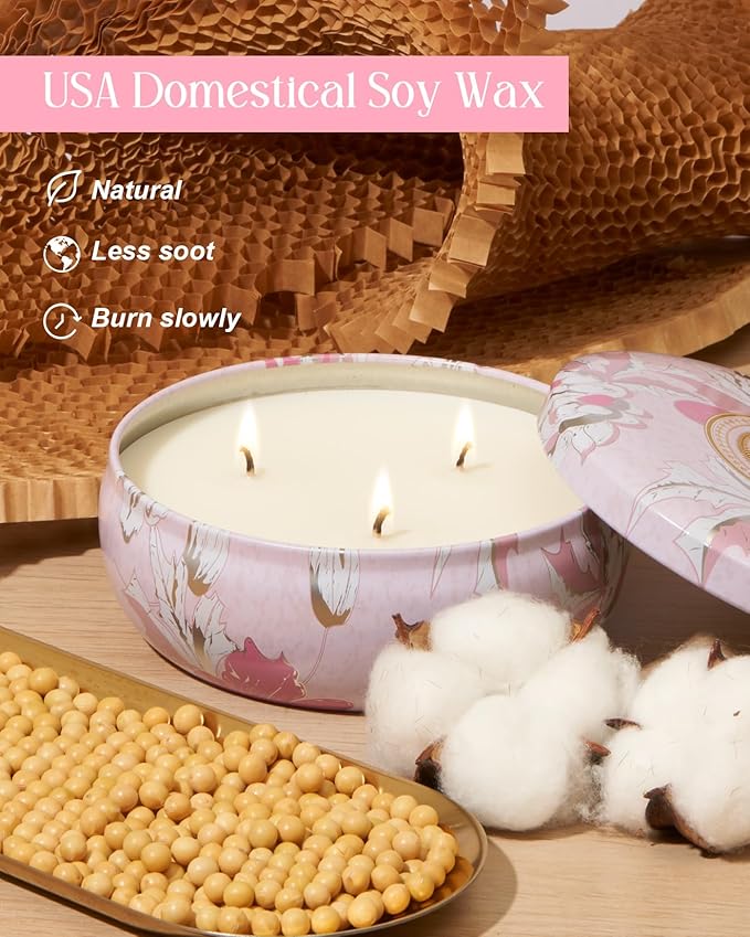 M&SENSE Cherry Blossom Scented Candles, Large 3 Wick Soy Tin Candle, Over 40 Hour Burning Time, 100% Natural Vegan Wax, Relaxing Aromatherapy Aesthetic Candle Gift for Women and Men
