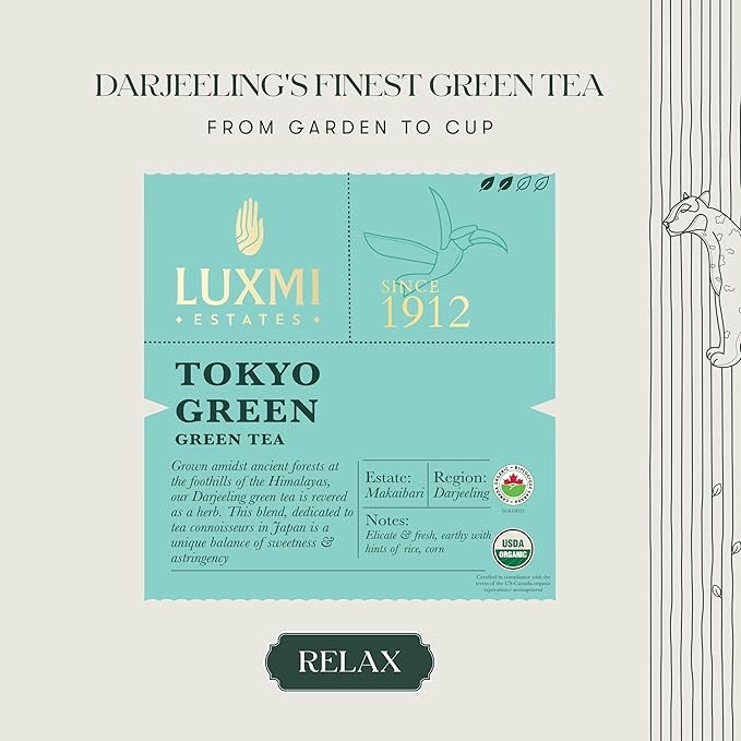 Luxmi Estates Tokyo Green Organic Green Tea (50 Tea Bags) Tea Bags For Relaxing, Calming, and Stress Relief, With Certified Organic Darjeeling Makaibari Green Tea