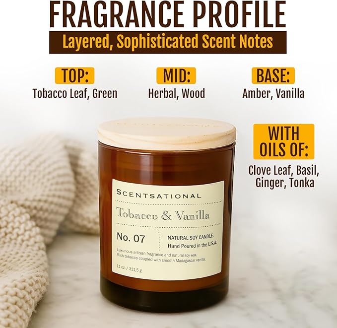 Scentsational Apothecary Tobacco & Vanilla Candle – 11 Oz Hand-Poured Soy Wax Jar Candle – Non-Toxic Luxury Candles for Home Décor & Relaxation – Warm Vanilla & Tobacco Scented Candles