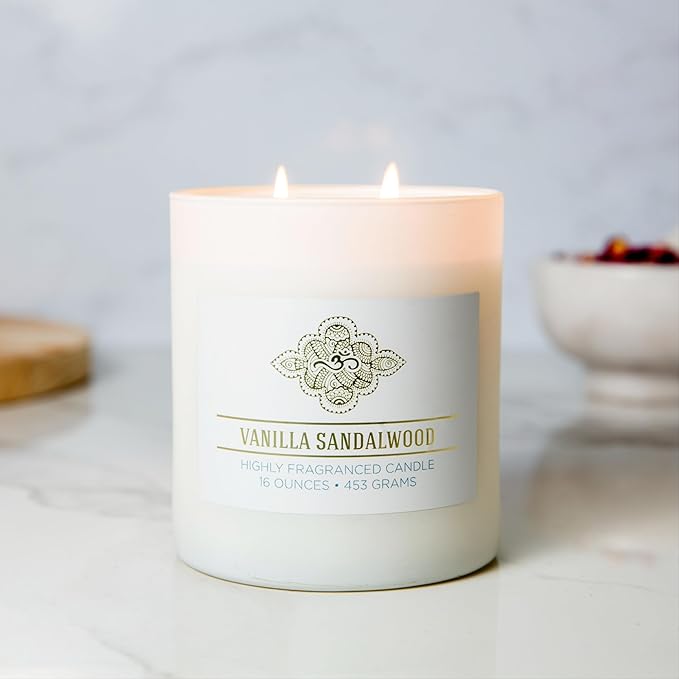 Carolina Vanilla Sandalwood Scented Candle, 16 oz Wellness Relaxing Aromatherapy Candle, 2 Wick White Jar Soy Blend Wax, Candles for Home, 60H Burn - Made in The USA