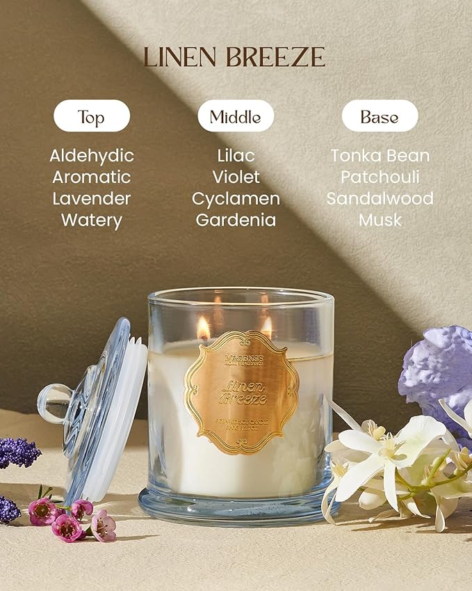 M&SENSE Linen Candles for Home Scented, Organic Soy Candles Non Toxic, 12.7oz Large Jar Candle 75 Hours Long Lasting Slow Burning, Fresh Clean Scented Air Puriffying Housewarming Candle Father Gift