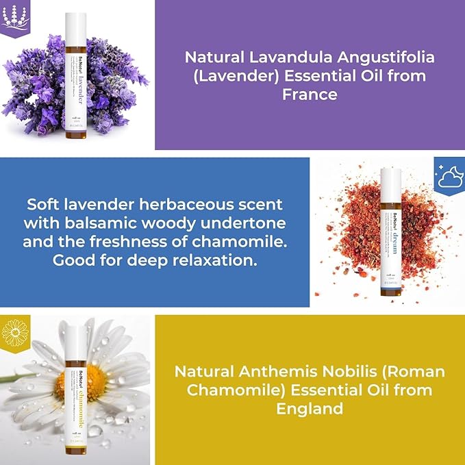 Benatu Essential Oil Roll On Set (Dream, Lavender, Chamomile), Aromatherapy Roller for Massage, Body Skin Care, Home - Natural Fragrance Gift for Women and Men