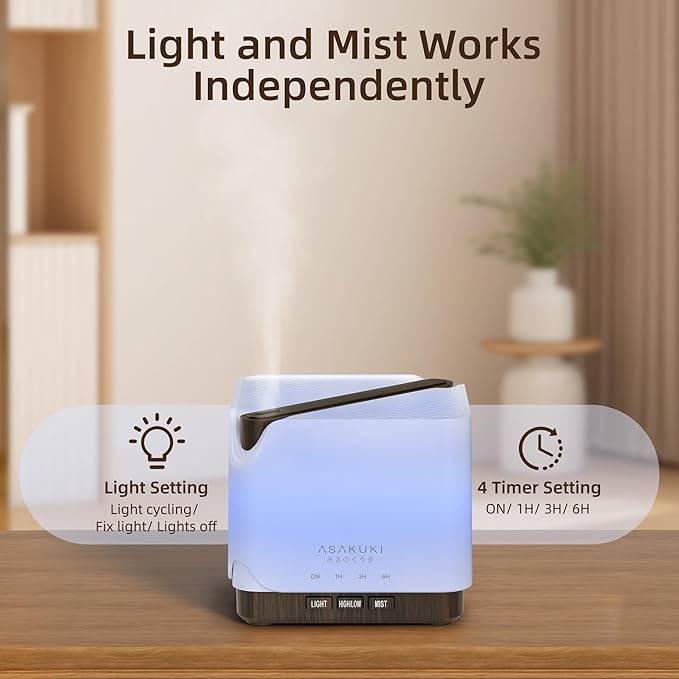 ASAKUKI Essential Oil Diffuser, Multifunctional Ultrasonic Aromatherapy Fragrant Oil Vaporizer Humidifier with Timer, Auto-Off Safety Switch, and 7 LED Light Colors, 700 ml (Brown Wood)