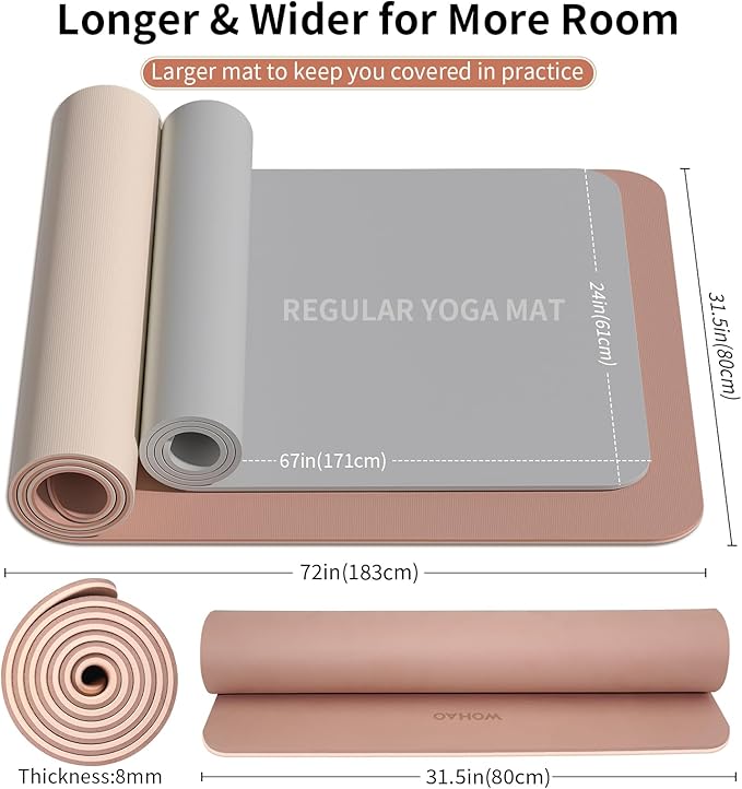 WOHAO Extra Thick 8mm Yoga Mat, 72"x28" Non Slip Exercise Mat, Reversible 2-Sided Dual Color Premium POE Material, with Carrying Strap for Yoga, Pilates, Home Gym