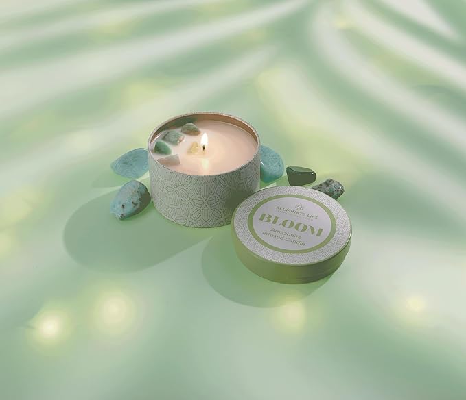 Luxury Candle Tin, 6 OZ, Bloom - Amazonite Crystal Infused - Scents of Lavender, Neroli, and Jasmine - Hope, Discovery, & Growth - Coconut Wax, Essential Oils, Dr. Developed
