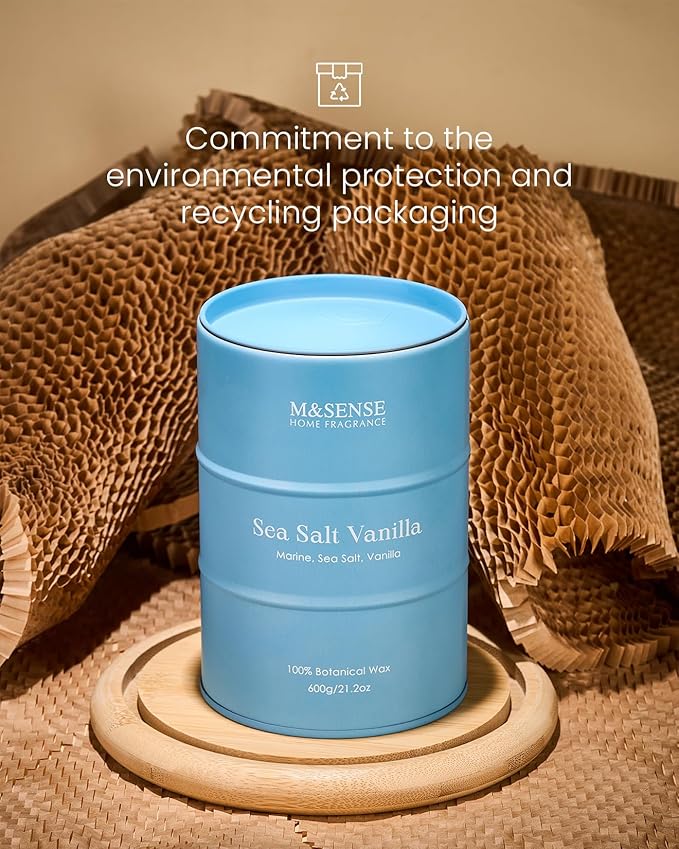 M&SENSE Sea Salt Vanilla Scented Candles Large Beach Candle, Natural Soy Summer Candles 21.2oz 120 Hour Slow Burning,Aromatherapy Candle for Stress Relief Meditation Relaxing