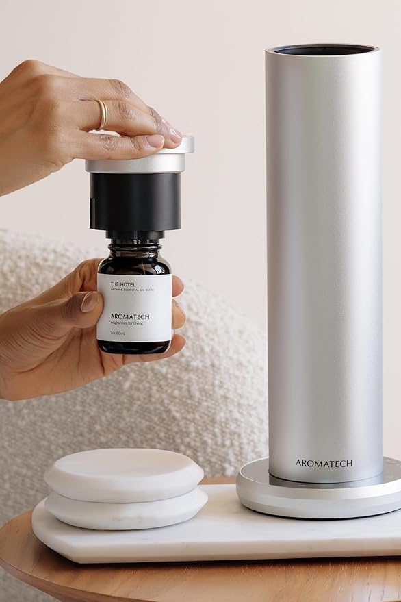 AromaTech New AroMini BT Plus Scent Diffuser w/Bluetooth – Cold-Air Diffusion Scent Machine for Home, Office, Hotel, Spa – Nebulizing Diffusion System for Essential Oil Blends (Silver)