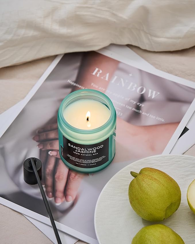 M&SENSE Sandalwood Jasmine Scented Candles, Natural Soy Wax Best Smelling Candle 7.05oz 50 Hour Burning，Floral Non Toxic Single Cotton Wick Aromatherapy Gifts for Women Friend