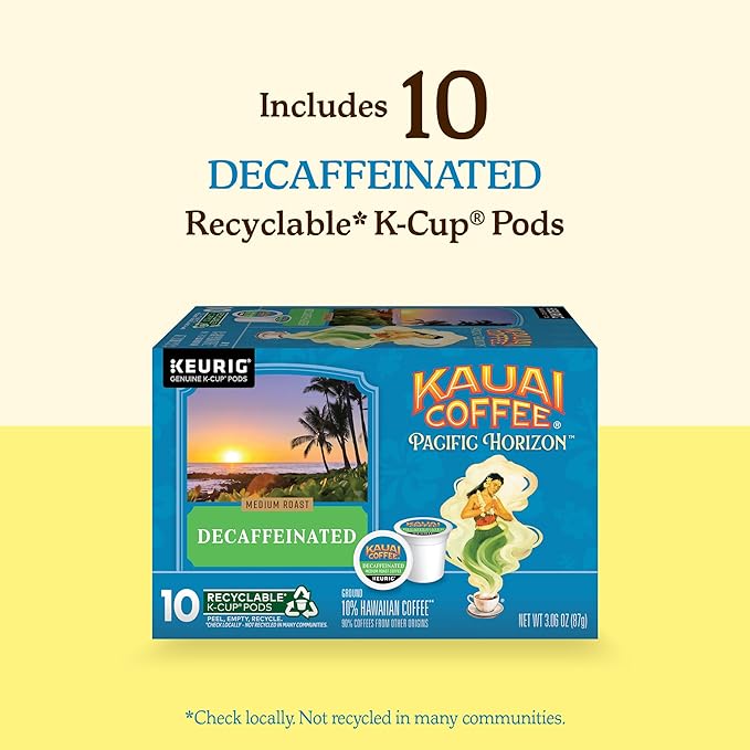 Kauai Coffee K-Cup Pods for Keurig Brewers – Arabica Coffee, 10% Hawaiian – Medium Roast, Bright Aroma with Floral Notes – Decaf, 1 Pack of 10 Single Serve K-Cups