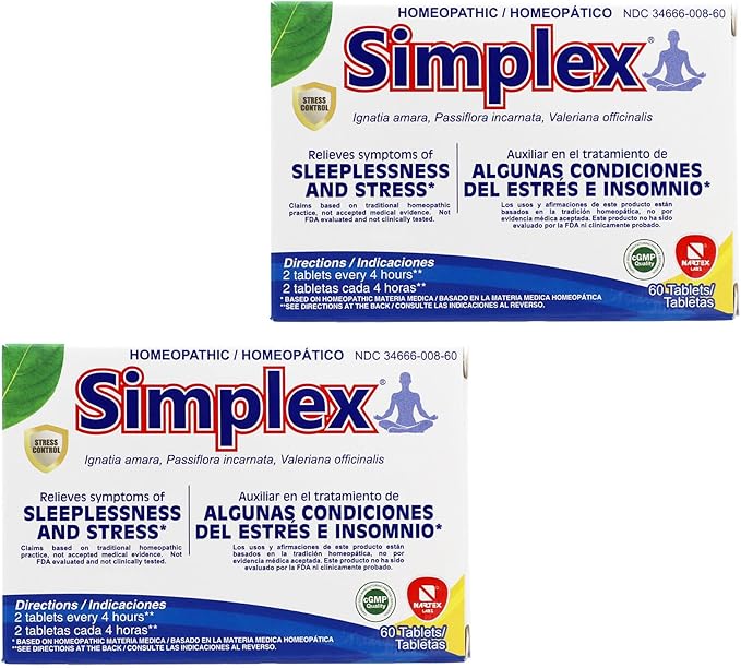 Simplex Homeopathic Sleep Aid, Natural Stress Relief Tablets 2-Pack