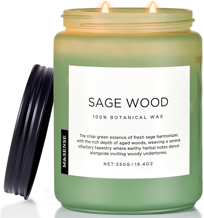 M&SENSE Sage Wood Scented Candle, 19.4oz 110 Hours Long Lasting Clean Non Toxic All Natural Soy Wax Candle for Relaxing & Stress Relief, 2 Wick Home Fragrance Gifts for Home Decor