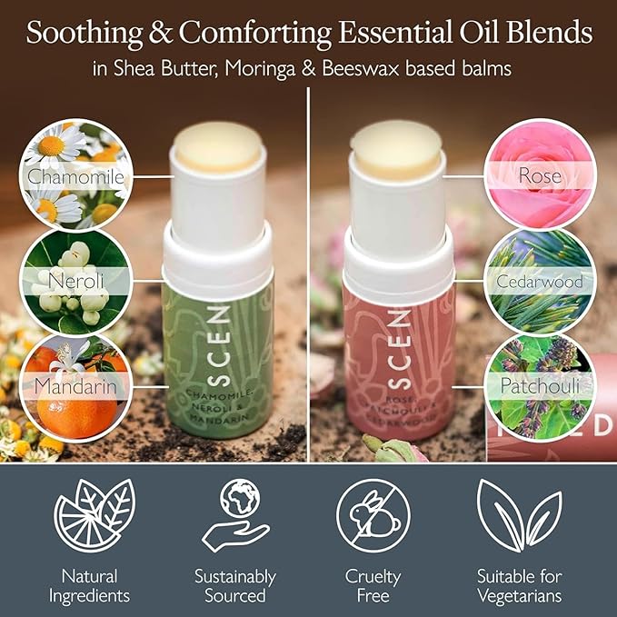 Scentered Aromatherapy Balm Stick Duo for Stress-Relief & Emotional Balance - Roll On Essential Oil Blends of Rose & Chamomile - Aromatherapy Gifts for Women - De-Stress & Love
