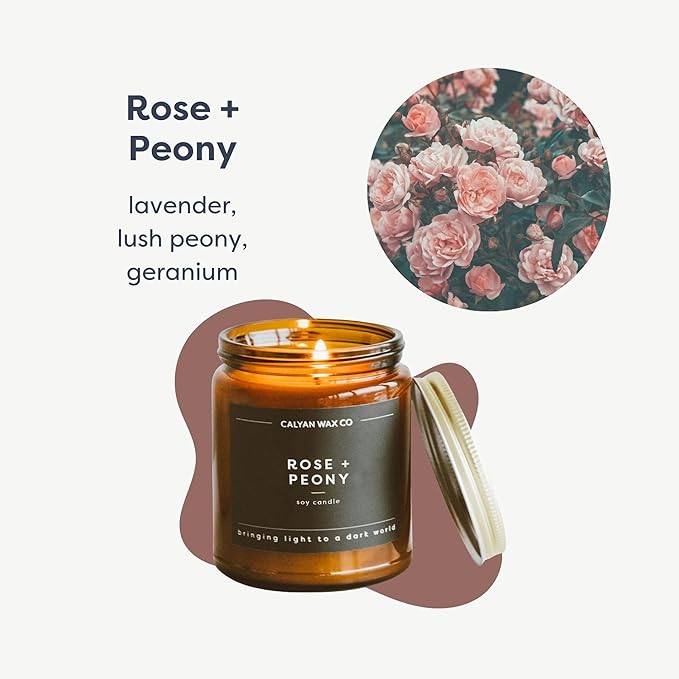 Calyan Wax Co. Rose & Peony Scented Candle - 57 Hour Burn - Luxury Non Toxic Soy Wax Candles - Long Lasting Amber Glass Jar Candle for Home - 7.2oz