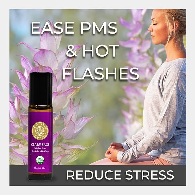 Silk Road Organic Clary Sage Essential Oil Roll On, 100% Pure USDA Certified Aromatherapy for PMS, Stress & Mental Clarity - 10 ml Roller - Always Pure, Always Organic