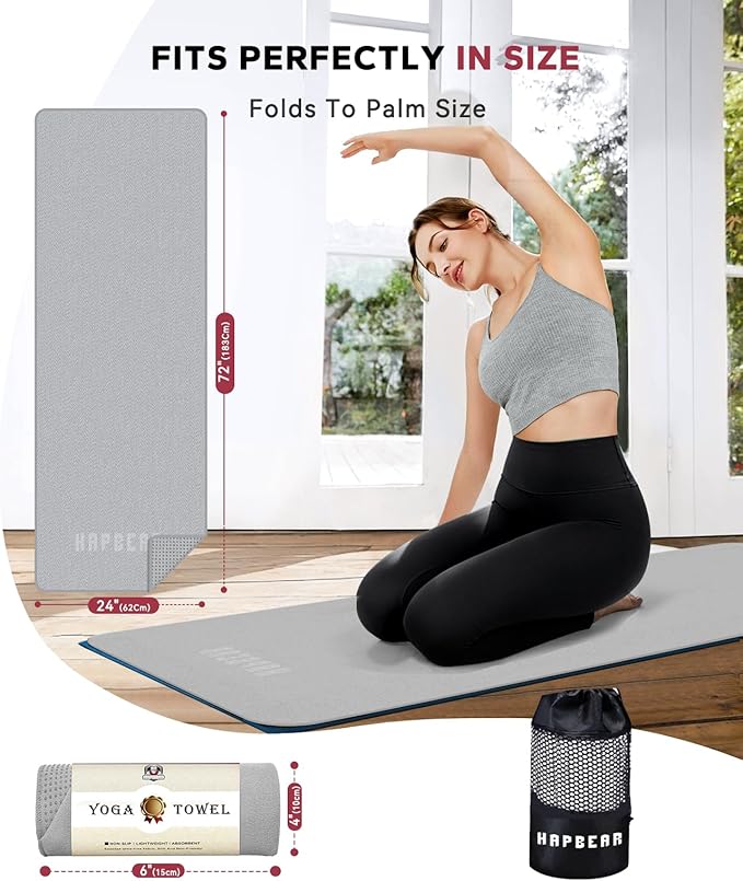 HAPBEAR Hot Yoga Towel - Non Slip Yoga Mat Towel with Grip Dot, Super-Absorbent, Soft Microfiber Towel for Hot Yoga, Pilates and Fitness