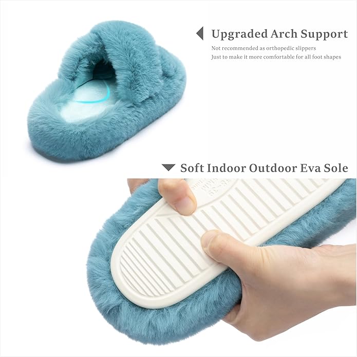Chantomoo Women's Blue Memory Foam Faux Fur Lined Open Toe Slippers for Women - US 12