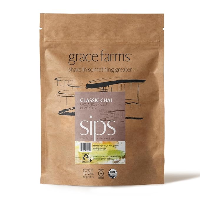 Grace Farms Organic Classic Chai Black Tea, 50 Sachet Pouch | Ginger & Spices | Fairtrade & Kosher |Gives Back 100% of Profits