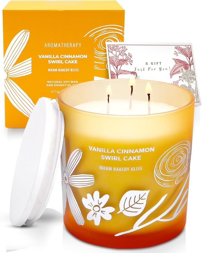 Vanilla Cinnamon Swirl Cake 3-Wick Soy Scented Candle, 14.5 oz Large | Cinnamon Roll & Vanilla Candle | Aromatherapy Gourmand Candle for Home | Winter Home Decor & Housewarming Gift