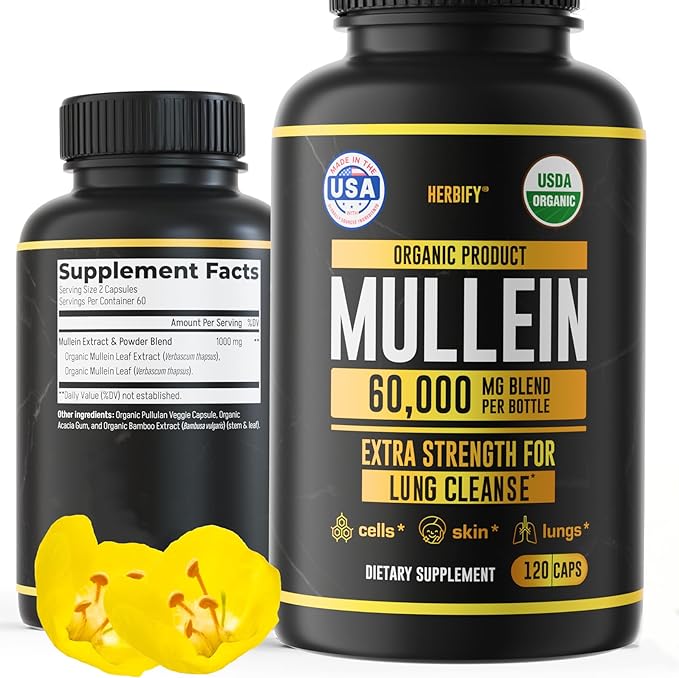 HERBIFY Mullein Capsules - Lung Cleanse - Leaf Extract - Powerful Mullein for Immune Support, Detox & Respiratory Support - Made in USA - Herbal Supplements - 120 Capsules