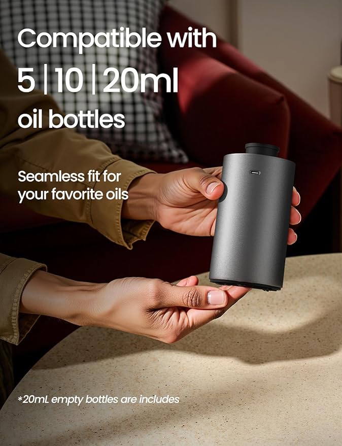 Waterless Essential Oil Diffuser, Rechargeable Scent Diffusers with 3 Mist Levels & Timers, Portable Aromatherapy Diffuser for Home Car Room Studio Office, Iron Grey Metal