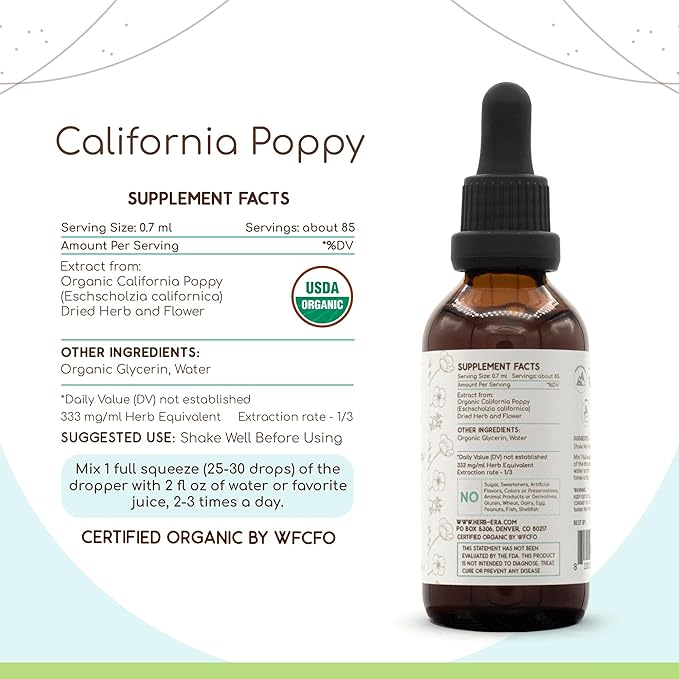 HerbEra California Poppy B60 USDA Organic Tincture | High-Potency Herbal Drops, Alcohol-Free Extract | Certified Organic California Poppy (Eschscholzia Californica) Dried Herb and Flower 2 fl oz