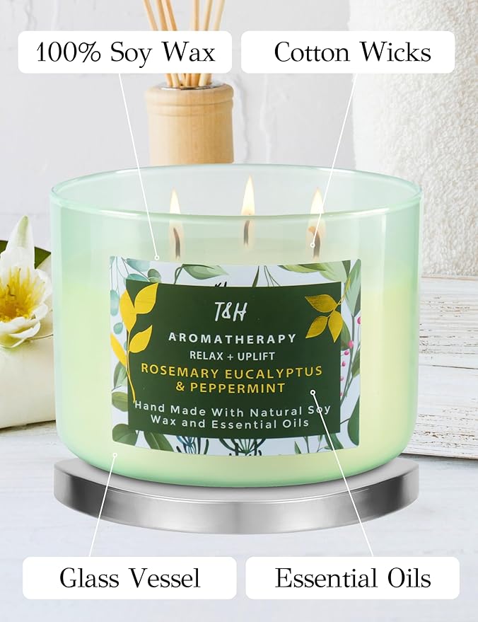 Rosemary Eucalyptus Peppermint 3-Wick Soy Candle 15.8 oz | Large Stress Relief Eucalyptus Candle for Home | Aromatherapy Relaxation Candles for Men & Women | Highly Scented, Long-Lasting Clean Burn