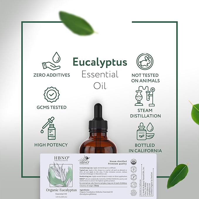 HBNO California Bottled Organic Eucalyptus Essential Oil (Globulus) - 4 fl oz (120ml) - USDA Certified Organic - Ideal for Diffuser, Hair, Face, Skin Care, Aromatherapy, Scalp & Body Massage