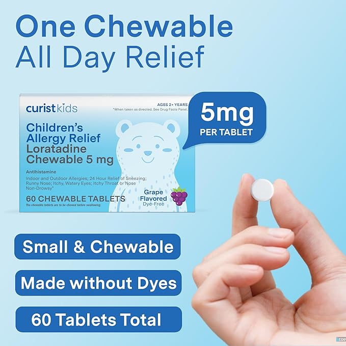 Curist Children's Allergy Medicine Chewable (Kids Loratadine 5mg) 60 Count Grape Flavor - 24 Hour Allergy Relief for Sneezing, Runny Nose, Itchy Eyes & Throat - Kids Allergy Medicine Chewable Tablets