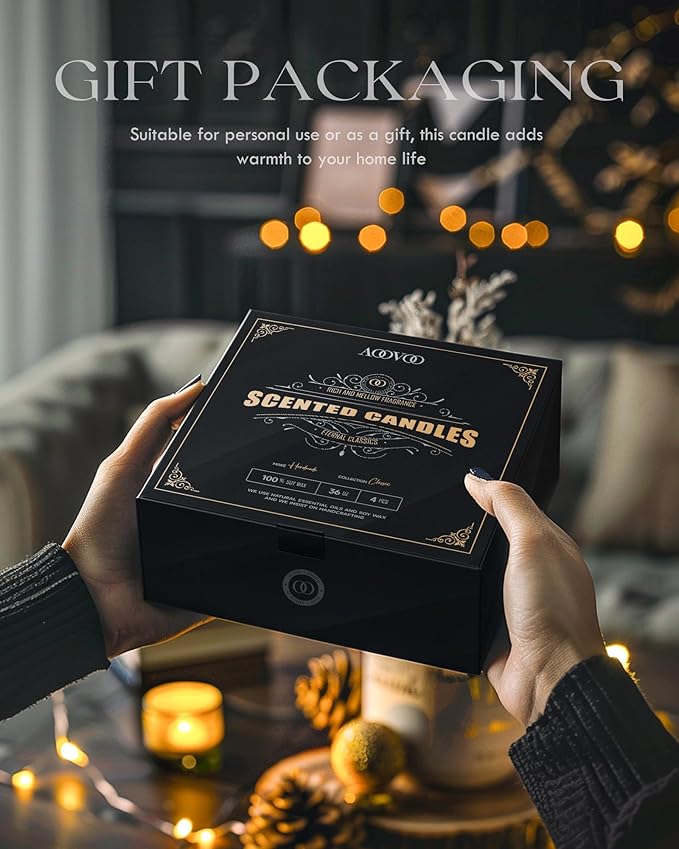 AOOVOO Scented Candles for Men - 4 Pack Candles for Home Scented, 28oz Soy Wax, 200 Hour Burn Time, Men Candle Set, Leather/Smoke & Vanilla/Whiskey Caramel/Lavender Candle Set