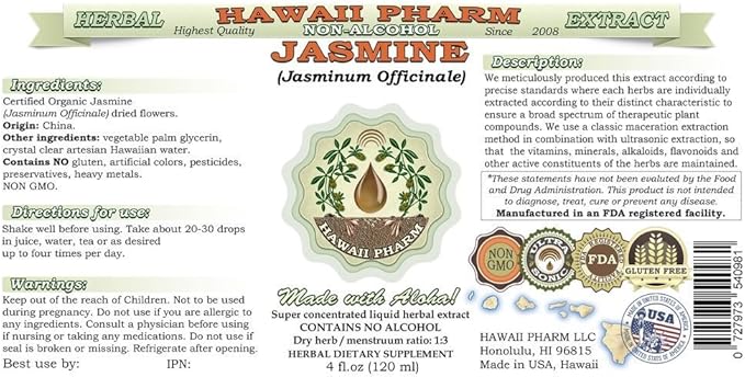 Jasmine Alcohol-Free Liquid Extract, Organic Jasmine (Jasminum officinale) Dried Flower Glycerite Hawaii Pharm Natural Herbal Supplement 2x2 oz
