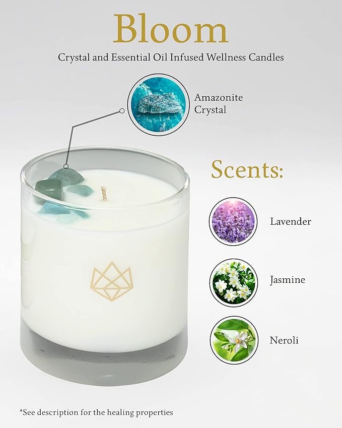 Luxury Glass Jar Candle, 14.5 OZ, Bloom - Amazonite Crystal Infused - Scents of Lavender, Neroli, and Jasmine - Hope, Discovery, & Growth - Coconut Wax, Essential Oils, Dr. Developed