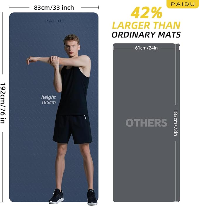 PAIDU Extra Long Wide Yoga Mat 76"x33"x2/5 Inch - Non Slip Thick Exercise Mat for Home Gym, Yoga, Pilates & Workouts