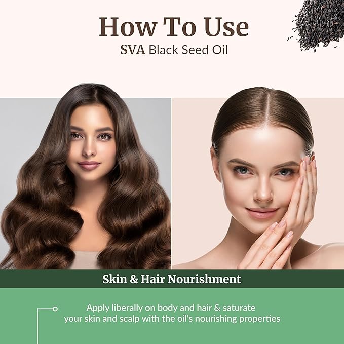 SVA Black Seed Oil - 4 Fl Oz – 100% Natural Cold Pressed Black Seed Oil - for Face, Skin Care, Hair Care, Scalp Massage & Body Massage – Carrier Oil with Dropper