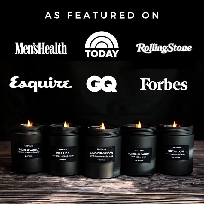 Craft & Kin Premium Lavender Woods Candle | Black Christmas Scented Candles for Men | Long Lasting with 45 Hour Burn Time, 7.6oz | Soy Holiday Candle | Aromatherapy at Home | Gifts for Men