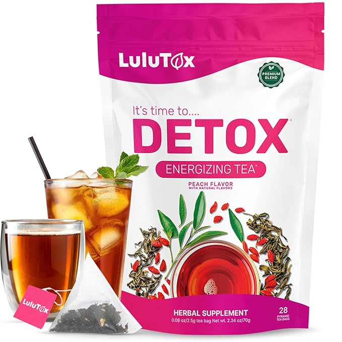 LULUTOX Detox Tea - Slimming Tea with Dandelion and Ginseng to Support Goals for Detox Cleanse, Flat Belly, Bloating, Healthy Weight and Digestive Health - Women & Men - Peach Flavor (28 Servings)