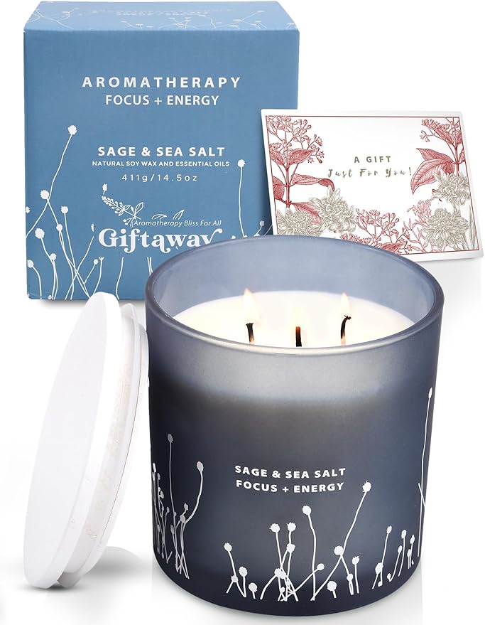 White Sage Sea Salt 3 Wick Candle - Large Soy Scented Candle 14.5 oz - Sage Candle for Cleansing House - Aromatherapy Energy Cleansing Candle for Home, Stress Relief, Women & Men