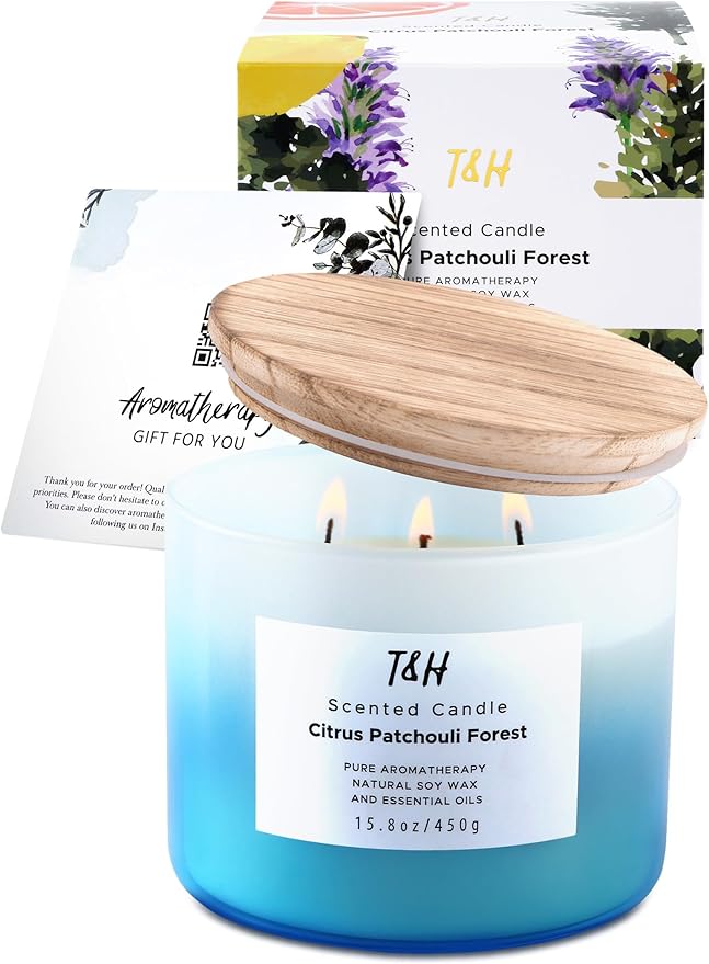 T&H Lychee Guava & Sandalwood 3 Wick Scented Candles, Citrus Patchouli Forest Aromatherapy Soy Candles, 2 x 15.8 Oz
