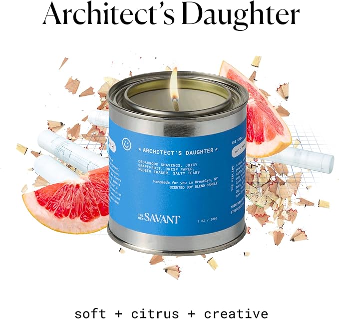 The New Savant Scented Candle - Architect’s Daughter - Aesthetic Candle for Home, Grapefruit, Orange Blossom & Amber - Soy Wax Blend, Vegan & Cruelty-Free, 50-Hour Burn Time - 7oz