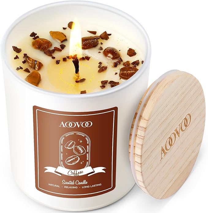 AOOVOO Macchiato Coffee Scented Candles for Women - Aromatherapy Candle with Crystals Inside, 10oz, 60H Burning Time, Soy Candles for Home Scented, Birthday Gifts Christmas Candle for Women Mom